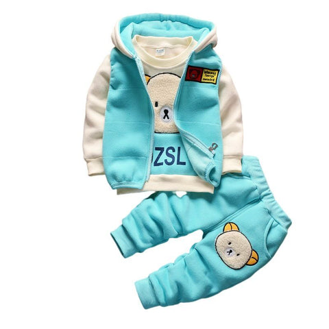 3D Fur Bear Cartoon Thick Warm Fleece T-shirt Pant with Hood Jacket 3 Pc Winter Party Clothing Set for Infant Toddler Kids