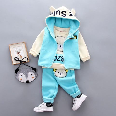 3D Fur Bear Cartoon Thick Warm Fleece T-shirt Pant with Hood Jacket 3 Pc Winter Party Clothing Set for Infant Toddler Kids