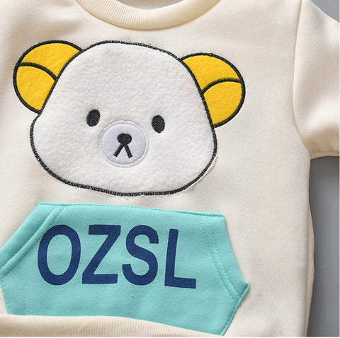 3D Fur Bear Cartoon Thick Warm Fleece T-shirt Pant with Hood Jacket 3 Pc Winter Party Clothing Set for Infant Toddler Kids