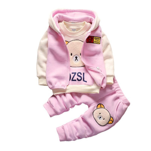 3D Fur Bear Cartoon Thick Warm Fleece T-shirt Pant with Hood Jacket 3 Pc Winter Party Clothing Set for Infant Toddler Kids