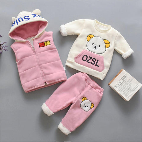 3D Fur Bear Cartoon Thick Warm Fleece T-shirt Pant with Hood Jacket 3 Pc Winter Party Clothing Set for Infant Toddler Kids