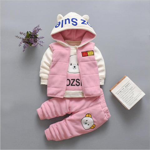 3D Fur Bear Cartoon Thick Warm Fleece T-shirt Pant with Hood Jacket 3 Pc Winter Party Clothing Set for Infant Toddler Kids