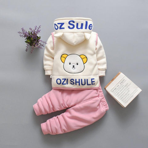 3D Fur Bear Cartoon Thick Warm Fleece T-shirt Pant with Hood Jacket 3 Pc Winter Party Clothing Set for Infant Toddler Kids