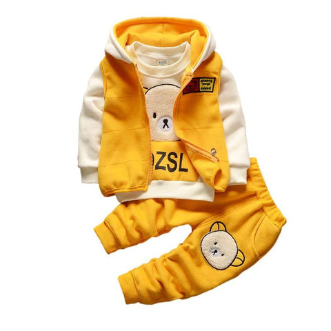 3D Fur Bear Cartoon Thick Warm Fleece T-shirt Pant with Hood Jacket 3 Pc Winter Party Clothing Set for Infant Toddler Kids