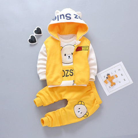 3D Fur Bear Cartoon Thick Warm Fleece T-shirt Pant with Hood Jacket 3 Pc Winter Party Clothing Set for Infant Toddler Kids