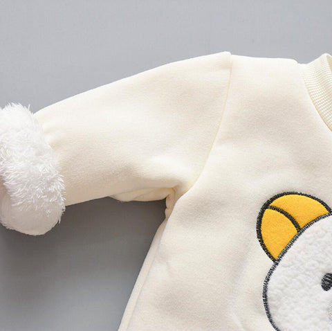 3D Fur Bear Cartoon Thick Warm Fleece T-shirt Pant with Hood Jacket 3 Pc Winter Party Clothing Set for Infant Toddler Kids