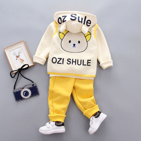 3D Fur Bear Cartoon Thick Warm Fleece T-shirt Pant with Hood Jacket 3 Pc Winter Party Clothing Set for Infant Toddler Kids