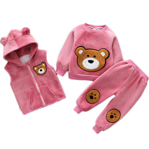 3 Piece Warm Fleece Winter Cartoon Bear Graphics Warm Sweatshirt with Hooded Jacket and Jogger Pant Clothing Set for Infant Toddler Kids