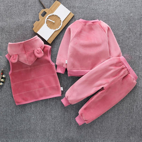 3 Piece Warm Fleece Winter Cartoon Bear Graphics Warm Sweatshirt with Hooded Jacket and Jogger Pant Clothing Set for Infant Toddler Kids