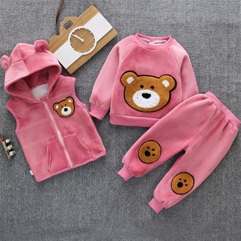 3 Piece Warm Fleece Winter Cartoon Bear Graphics Warm Sweatshirt with Hooded Jacket and Jogger Pant Clothing Set for Infant Toddler Kids