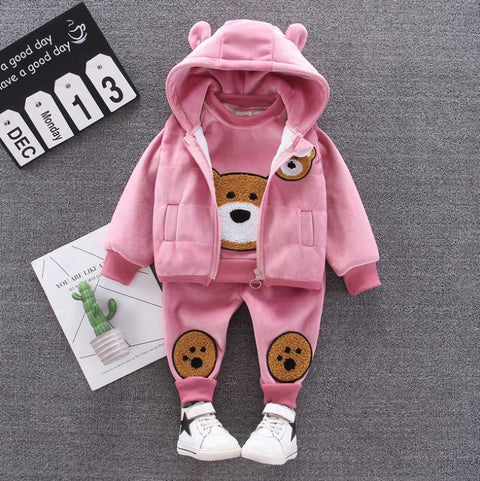 3 Piece Warm Fleece Winter Cartoon Bear Graphics Warm Sweatshirt with Hooded Jacket and Jogger Pant Clothing Set for Infant Toddler Kids