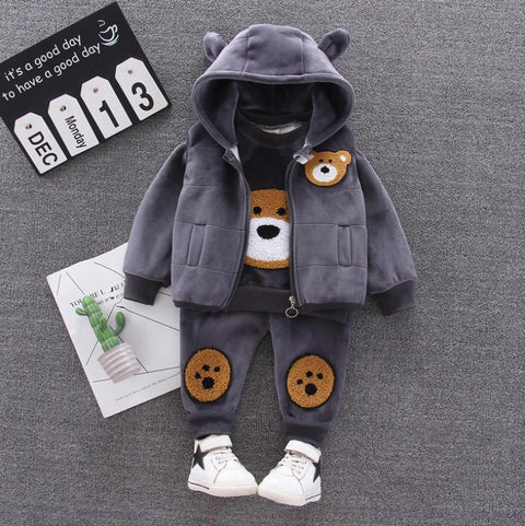 3 Piece Warm Fleece Winter Cartoon Bear Graphics Warm Sweatshirt with Hooded Jacket and Jogger Pant Clothing Set for Infant Toddler Kids