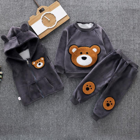 3 Piece Warm Fleece Winter Cartoon Bear Graphics Warm Sweatshirt with Hooded Jacket and Jogger Pant Clothing Set for Infant Toddler Kids