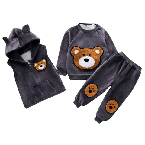 3 Piece Warm Fleece Winter Cartoon Bear Graphics Warm Sweatshirt with Hooded Jacket and Jogger Pant Clothing Set for Infant Toddler Kids
