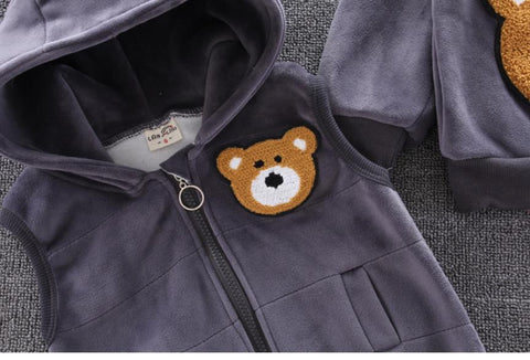 3 Piece Warm Fleece Winter Cartoon Bear Graphics Warm Sweatshirt with Hooded Jacket and Jogger Pant Clothing Set for Infant Toddler Kids