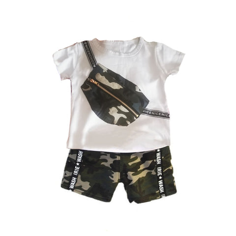 Half Sleeve Army Camouflage Print Pocket Pouch Attached T-shirt and Shorts Set for Infant Toddler Kids