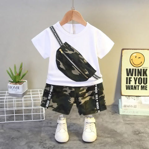 Half Sleeve Army Camouflage Print Pocket Pouch Attached T-shirt and Shorts Set for Infant Toddler Kids