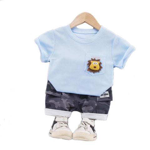 Lion 3D Soft Plush Patch Attach Half Sleeve T-shirt with Camouflage Shorts Knicker Summer Smart Casual Dress for Infant Toddler Kids