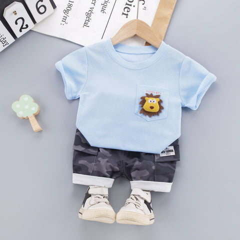 Lion 3D Soft Plush Patch Attach Half Sleeve T-shirt with Camouflage Shorts Knicker Summer Smart Casual Dress for Infant Toddler Kids