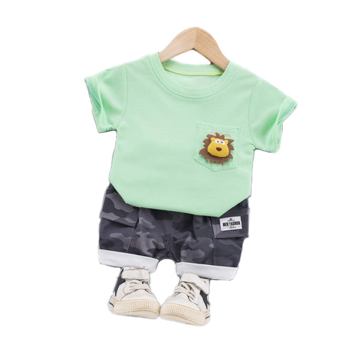 Lion 3D Soft Plush Patch Attach Half Sleeve T-shirt with Camouflage Shorts Knicker Summer Smart Casual Dress for Infant Toddler Kids