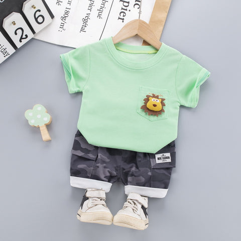 Lion 3D Soft Plush Patch Attach Half Sleeve T-shirt with Camouflage Shorts Knicker Summer Smart Casual Dress for Infant Toddler Kids