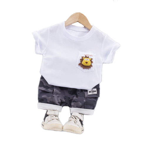 Lion 3D Soft Plush Patch Attach Half Sleeve T-shirt with Camouflage Shorts Knicker Summer Smart Casual Dress for Infant Toddler Kids