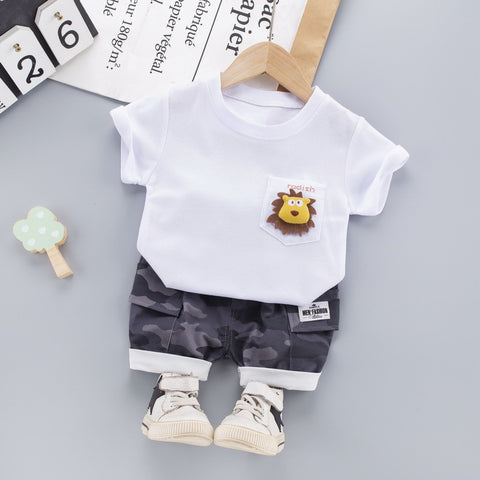 Lion 3D Soft Plush Patch Attach Half Sleeve T-shirt with Camouflage Shorts Knicker Summer Smart Casual Dress for Infant Toddler Kids