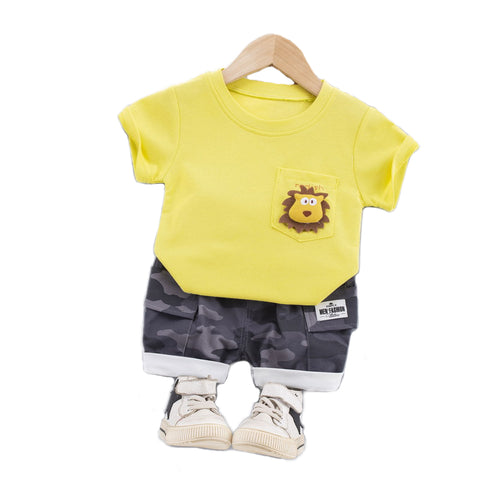 Lion 3D Soft Plush Patch Attach Half Sleeve T-shirt with Camouflage Shorts Knicker Summer Smart Casual Dress for Infant Toddler Kids
