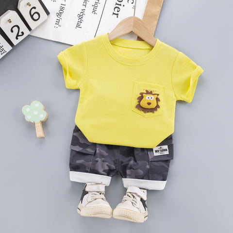 Lion 3D Soft Plush Patch Attach Half Sleeve T-shirt with Camouflage Shorts Knicker Summer Smart Casual Dress for Infant Toddler Kids