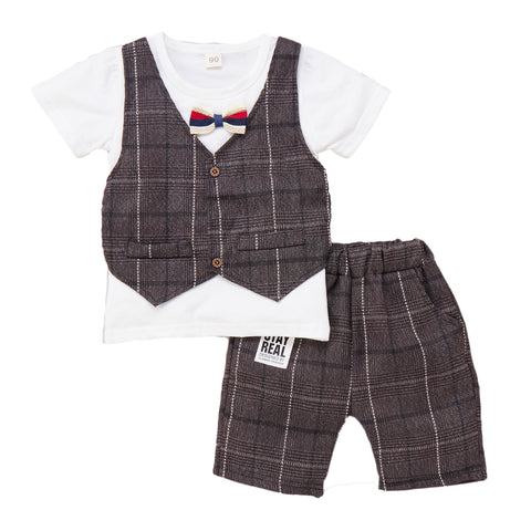 Graph Check T-shirt with Attached Waistcoat Bow tie and Shorts Little Gentleman Clothing Set for Boys
