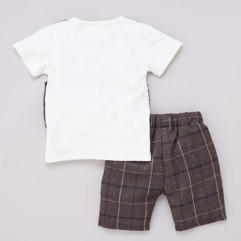 Graph Check T-shirt with Attached Waistcoat Bow tie and Shorts Little Gentleman Clothing Set for Boys