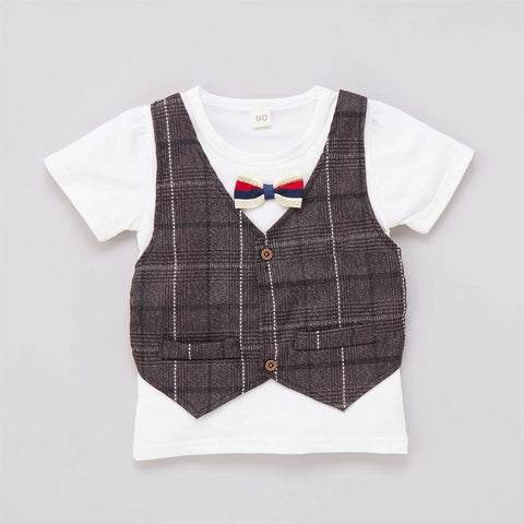 Graph Check T-shirt with Attached Waistcoat Bow tie and Shorts Little Gentleman Clothing Set for Boys