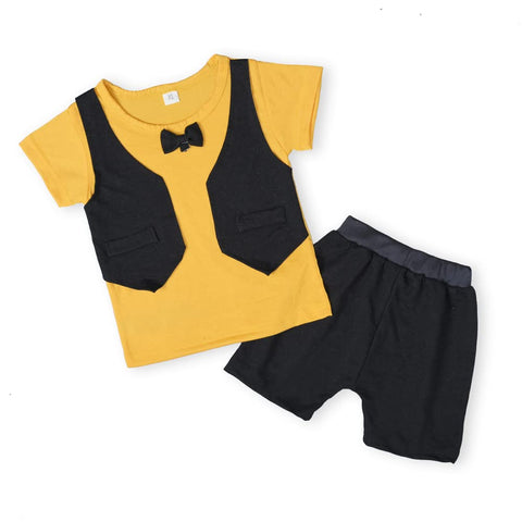 Graph Check T-shirt with Attached Waistcoat Bow tie and Shorts Little Gentleman Clothing Set for Boys