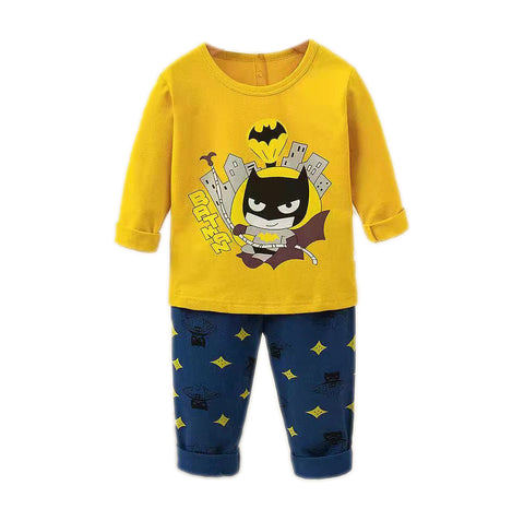 Fun Cartoon Superhero Print Cotton Full Sleeve T-shirt & Pajama Clothing Set for infant Toddler Boys Girls Kids