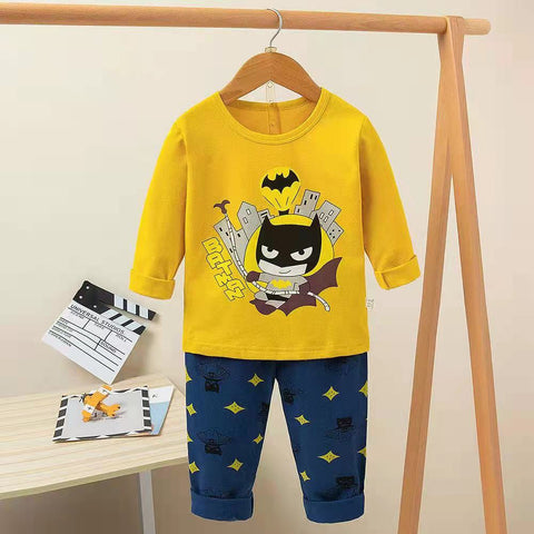 Fun Cartoon Superhero Print Cotton Full Sleeve T-shirt & Pajama Clothing Set for infant Toddler Boys Girls Kids