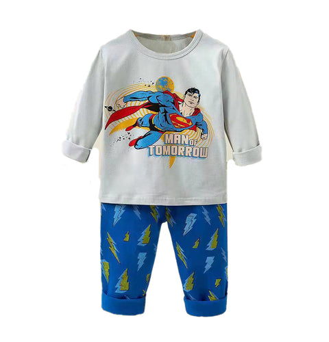 Fun Cartoon Superhero Print Cotton Full Sleeve T-shirt & Pajama Clothing Set for infant Toddler Boys Girls Kids