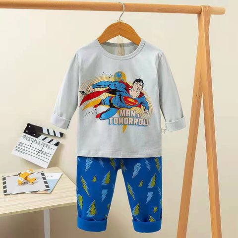Fun Cartoon Superhero Print Cotton Full Sleeve T-shirt & Pajama Clothing Set for infant Toddler Boys Girls Kids