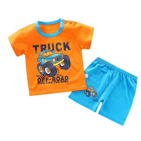 Orange Monster Truck Car Print Tshirt and Shorts Summer Clothing Set for Infants
