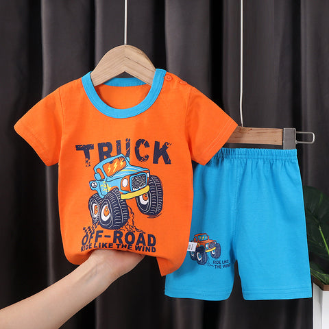 Orange Monster Truck Car Print Tshirt and Shorts Summer Clothing Set for Infants