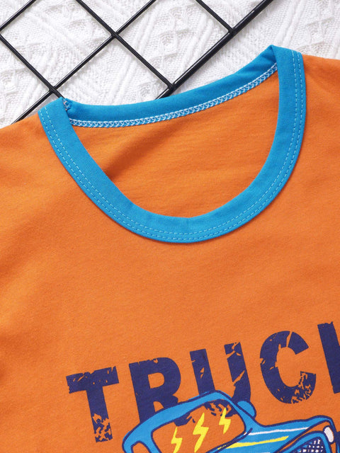 Orange Monster Truck Car Print Tshirt and Shorts Summer Clothing Set for Infants