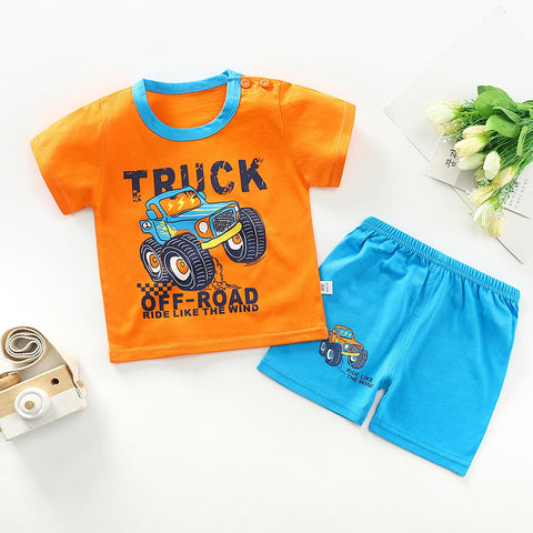 Orange Monster Truck Car Print Tshirt and Shorts Summer Clothing Set for Infants
