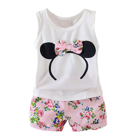 Bow Hairband Patch Cotton Summer Sleeveless Tank Top T-shirt with Floral Printed Shorts for infant Toddler Baby Girls