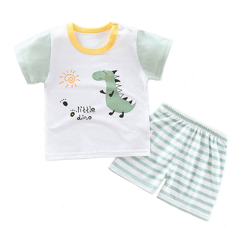 White Green Dinosaur Print T-shirt and Shorts Summer Clothing Set for Infants