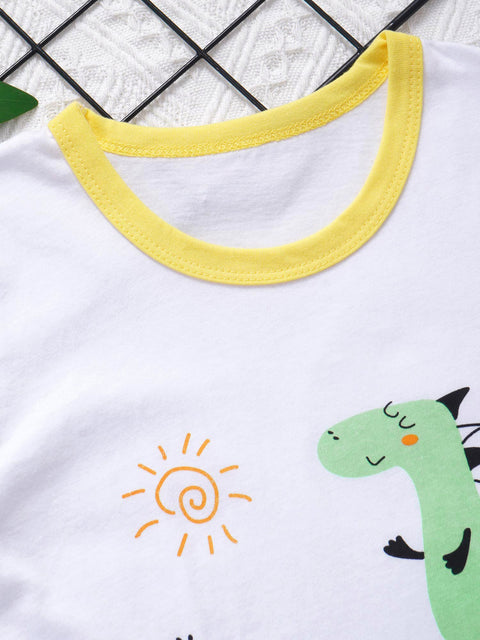 White Green Dinosaur Print T-shirt and Shorts Summer Clothing Set for Infants