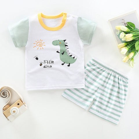 White Green Dinosaur Print T-shirt and Shorts Summer Clothing Set for Infants