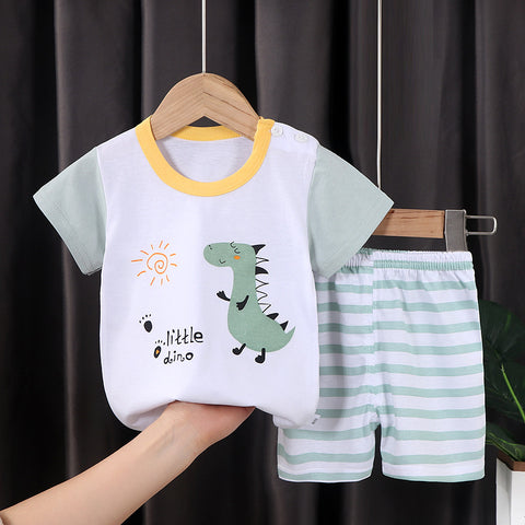 White Green Dinosaur Print T-shirt and Shorts Summer Clothing Set for Infants