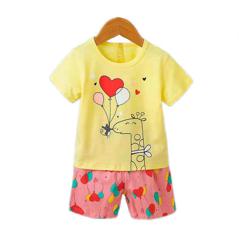 Yellow Pink Giraffe Balloon Print T-shirt and Shorts Summer Clothing Set for Infants