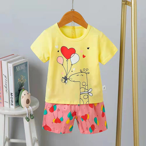 Yellow Pink Giraffe Balloon Print T-shirt and Shorts Summer Clothing Set for Infants