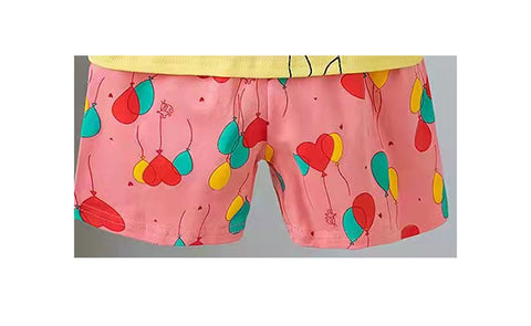 Yellow Pink Giraffe Balloon Print T-shirt and Shorts Summer Clothing Set for Infants