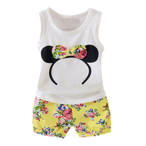 Bow Hairband Patch Cotton Summer Sleeveless Tank Top T-shirt with Floral Printed Shorts for infant Toddler Baby Girls